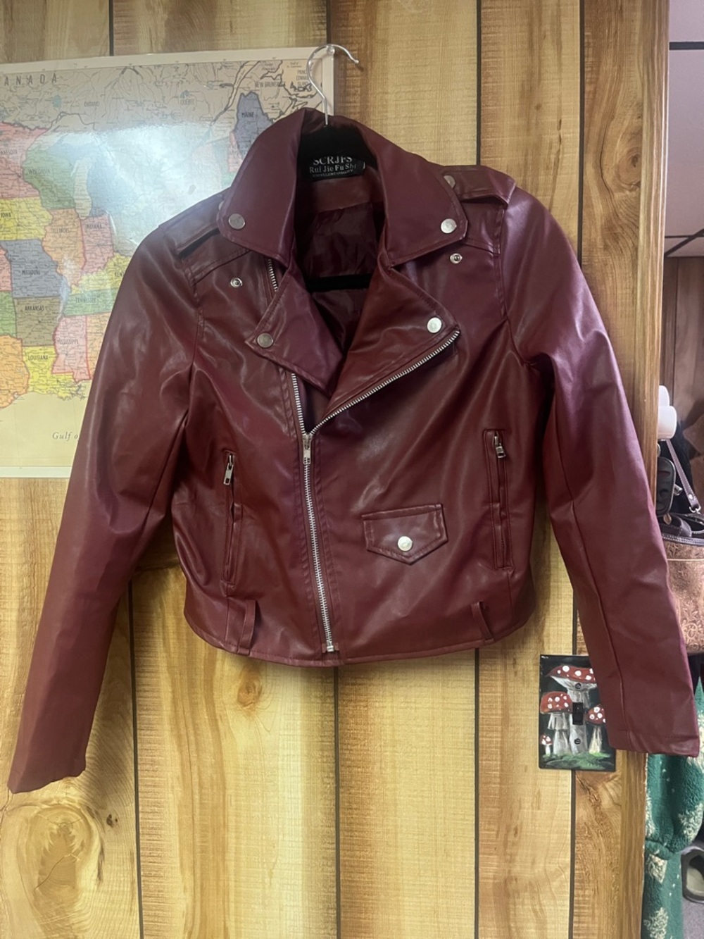 SCRJFS Rui Jie Fu Shi Wine Red or Burgundy Faux Leather Motorcycle Biker Jacket